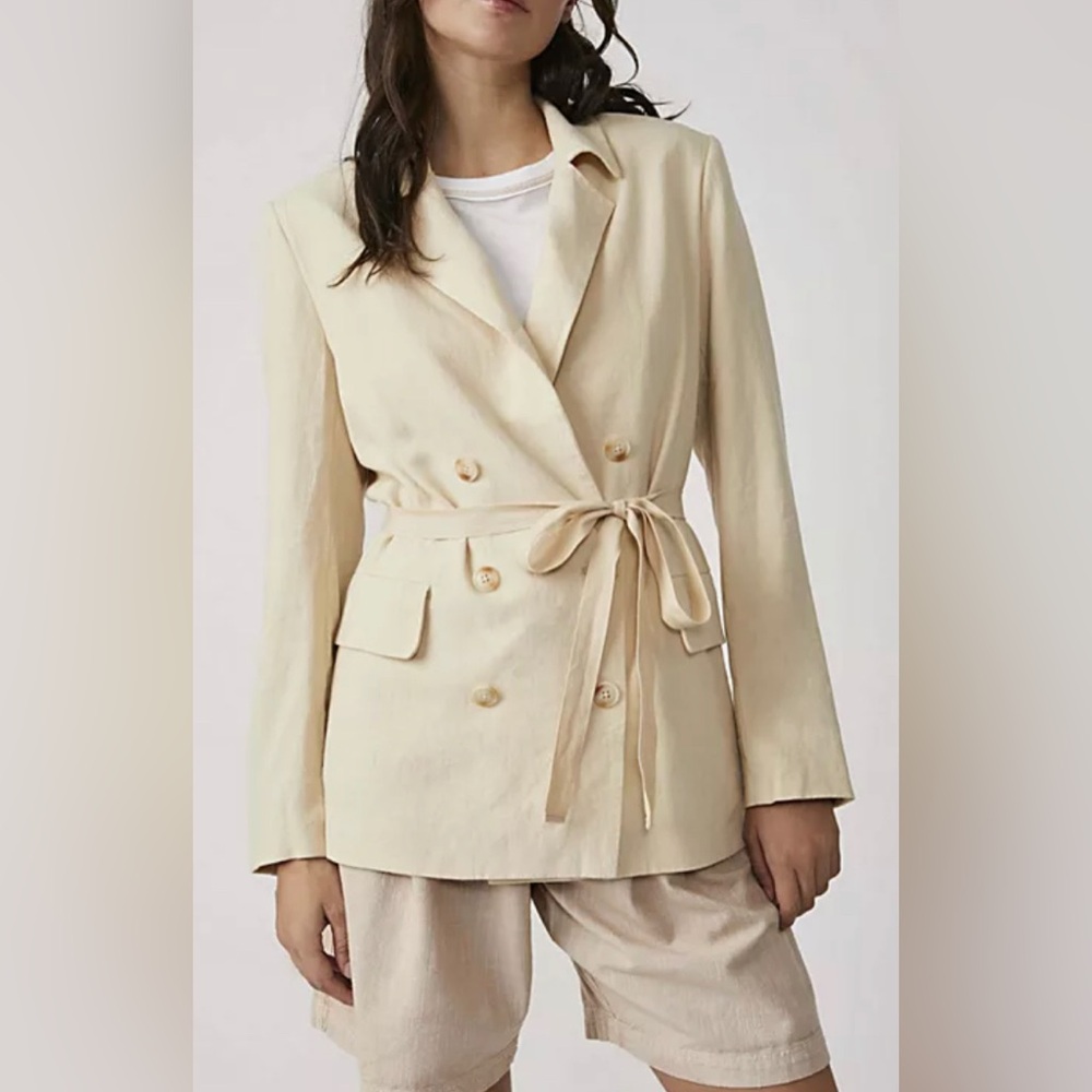 Free People Olivia Linen Blend Tie-Front Blazer, Pebble, sz L